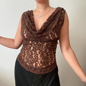Brown lace cowl neck top